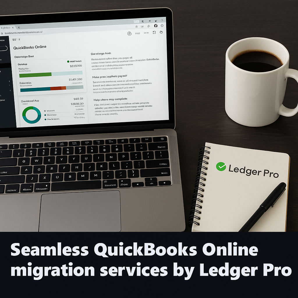 Seamless QuickBooks Online migration services by Ledger Pro with laptop, coffee mug, and branded notepad